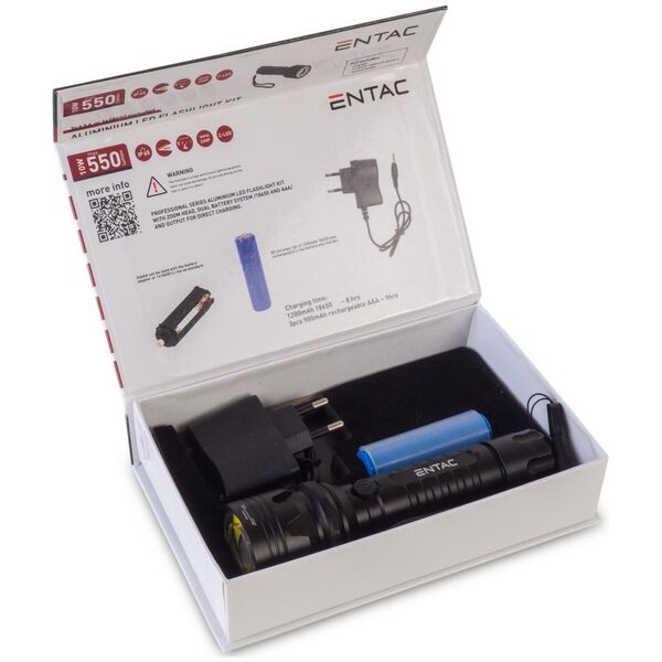 LED flashlight ENTAC, IP65, 8-10W, 550-700 lm, rechargeable 18650mAh, charger included