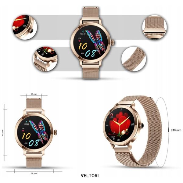 Smartwatch Damski Veltori VT340-1 Złota Bransoleta + Różowy Pasek Silikonowy