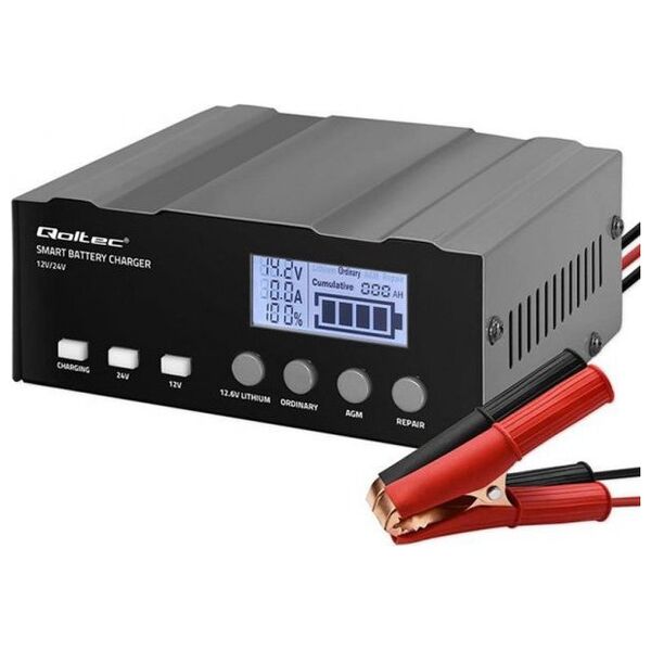 Ładowarka inteligentna Qoltec mikroprocesorowa 12V | 12.6V | 24V | Prostownik z funkcją naprawy do akumulatora AGM GEL LiFePO4 |