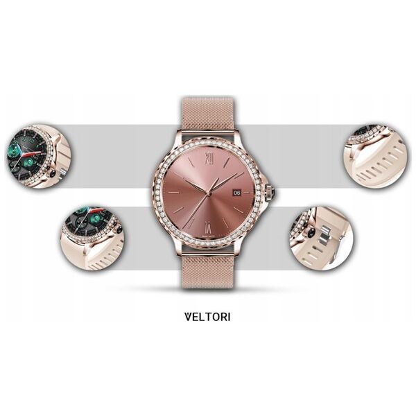 Smartwatch Damski Veltori VT320-1 Złota Bransoleta + Różowy Pasek Silikonowy
