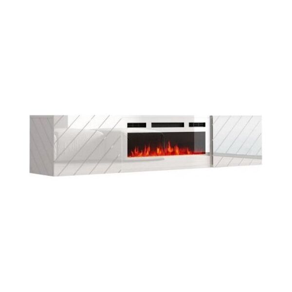 Cama Meble Szafka RTV LUXE 182,6x34,5x37,5 biały/biały połysk + biały kominek