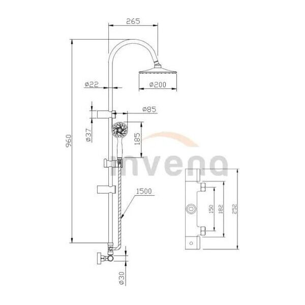 Shower system INVENA GRACJA, rain and hand shower, mixer, chrome finish.