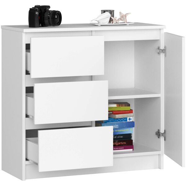 Fabryka Mebli Akord Komoda bezuchwytowa JERRY 80 cm nowoczesna 1 drzwi 3 szuflady 2 półki - biała