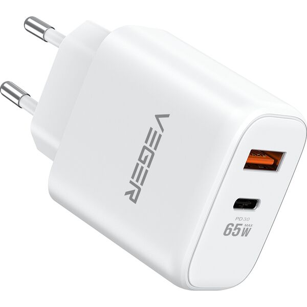 VEGER ładowarka sieciowa USB A + Typ C PD QC3.0 3A 65W TCE650 biała