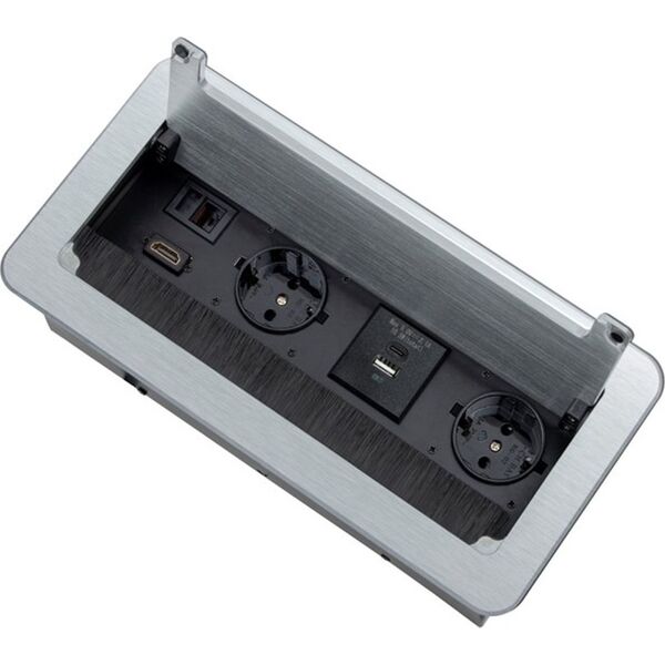 Ilgiklis montuojamas balde INBOX, 2x Schuko, 1x USB A, 1x USB-C, HDMI, RJ45, su 1.5m ilgio laidu, sidabro spalvos
