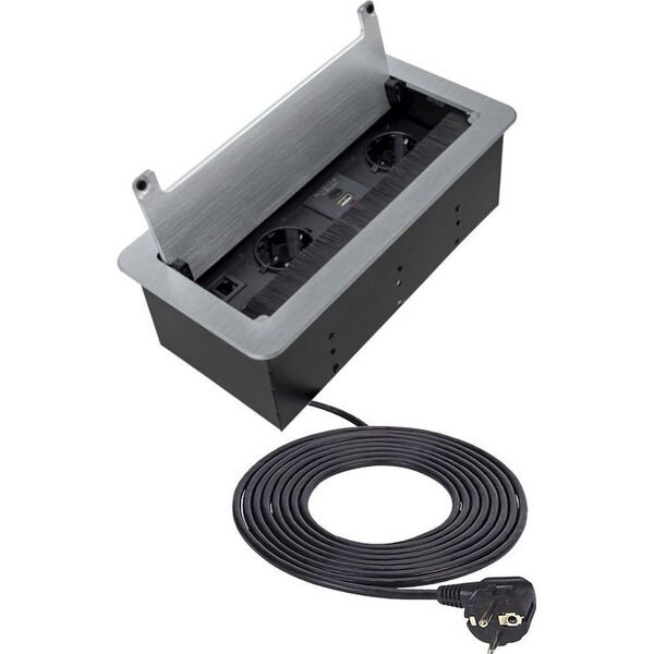 Ilgiklis montuojamas balde INBOX, 2x Schuko, 1x USB A, 1x USB-C, HDMI, RJ45, su 1.5m ilgio laidu, sidabro spalvos