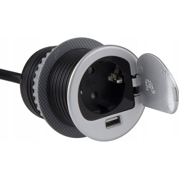 Ilgintuvas, ileidziamas, SINGLE BOX aluminium, 1x Schuko 1x USB, Design Light