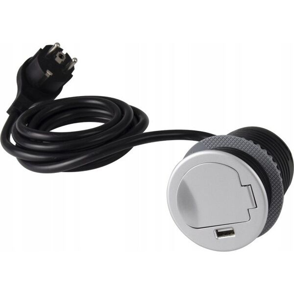 Ilgintuvas, ileidziamas, SINGLE BOX aluminium, 1x Schuko 1x USB, Design Light