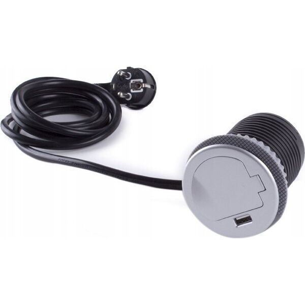 Ilgintuvas, ileidziamas, SINGLE BOX aluminium, 1x Schuko 1x USB, Design Light