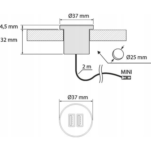 Ileidziamas USB kroviklis, baldinis, su 12Vdc iej. USB-A + USB-C, 2.1A, su L813 jungtimi Design Light