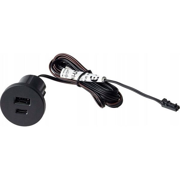 Ileidziamas USB kroviklis, baldinis, su 12Vdc iej. USB-A + USB-C, 2.1A, su L813 jungtimi Design Light