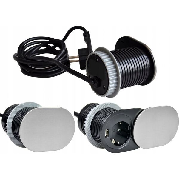 Ilgiklis montuojamas balde 1x Schuko, 1xUSB (krovimui 5V 2.4A) 1.9m slifuoto plieno Design Light