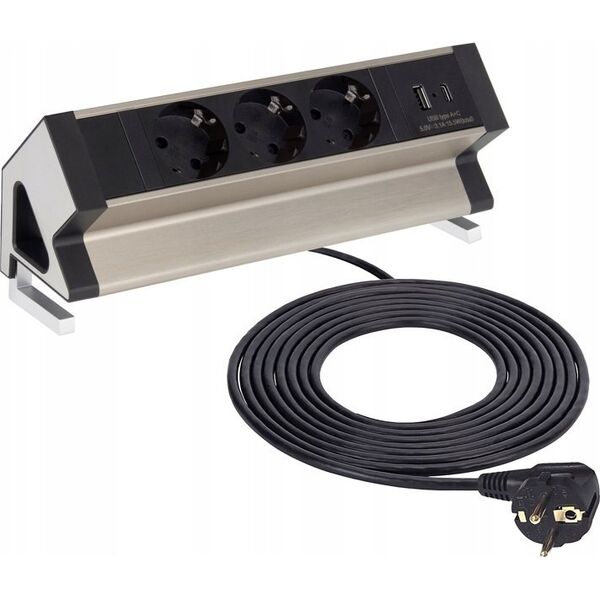 Ilgiklis montuojamas ant plokstes krasto DESKBOX, 3x Schuko, 1x USB A, 1x USB-C su 1.8m ilgio laidu Design Light
