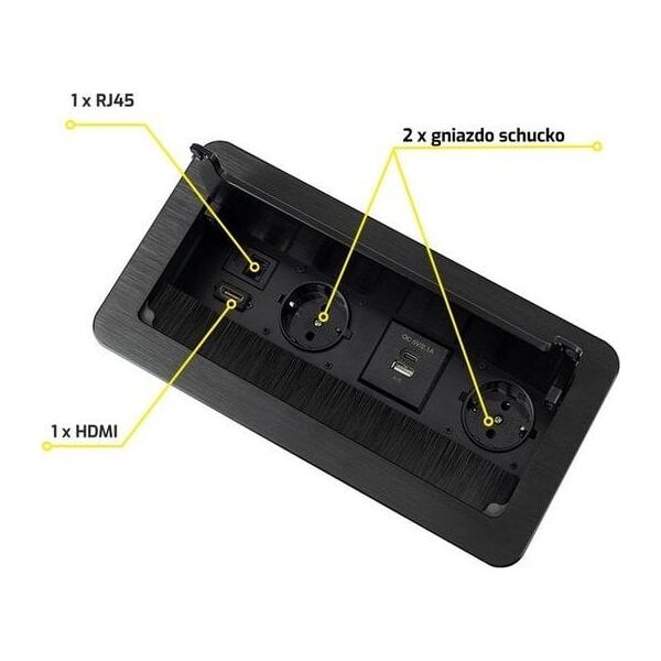 Ilgiklis montuojamas balde INBOX, 2x Schuko, 1x USB A, 1x USB-C, HDMI, RJ45, su 1.5m ilgio laidu, juodas