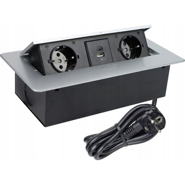 Ilgiklis montuojamas balde KOMBI BOX, 2x Schuko, 1x USB, 1x USB-C, su pilku remeliu, 3m laidas