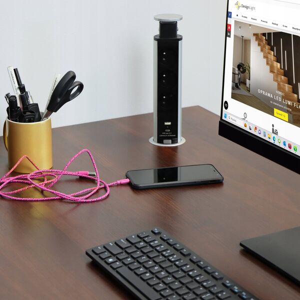 Ilgiklis montuojamas balde LIFT BOX, 3x Schuko, 1x USB A, 1x USB C, su 1.5m ilgio laidu, juodas
