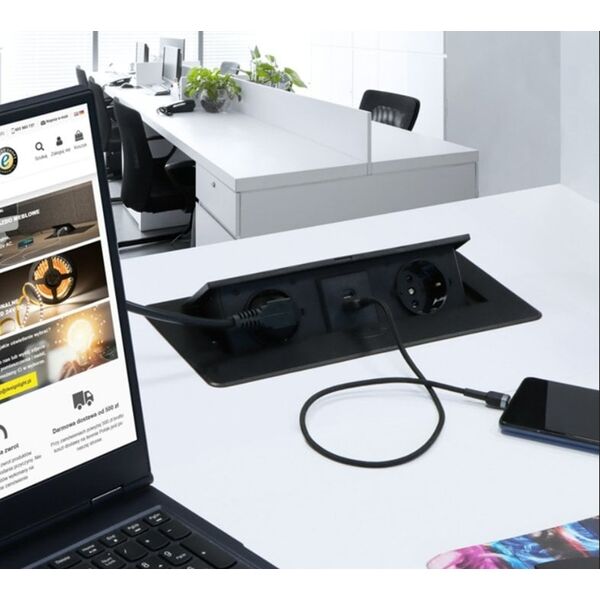 Ilgiklis montuojamas balde KOMBI BOX, 2x Schuko, 1xUSB, 1x USB-C, su 3m ilgio laidu, juodas