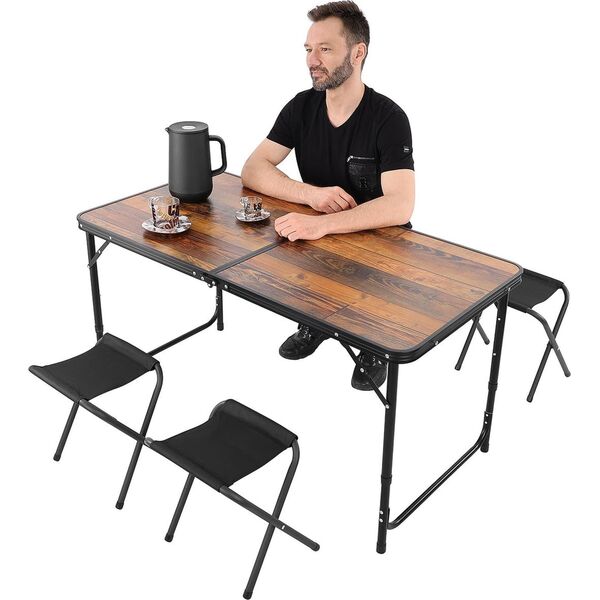 STOLIK TURYSTYCZNY SKŁADANY KEMPINGOWY 120X60X70/62/55CM I 4 KRZESŁA DREWNO
