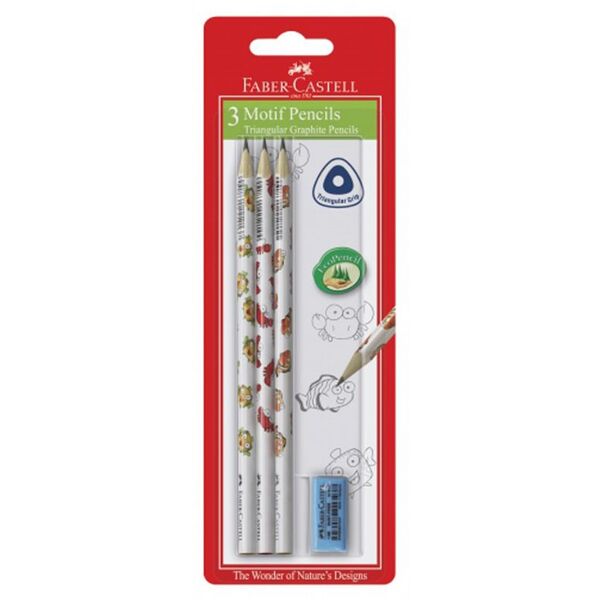 Faber-Castell Ołówki trójkątne motyw stworzenia morskie 3szt. + gumka blister (118379 FC)