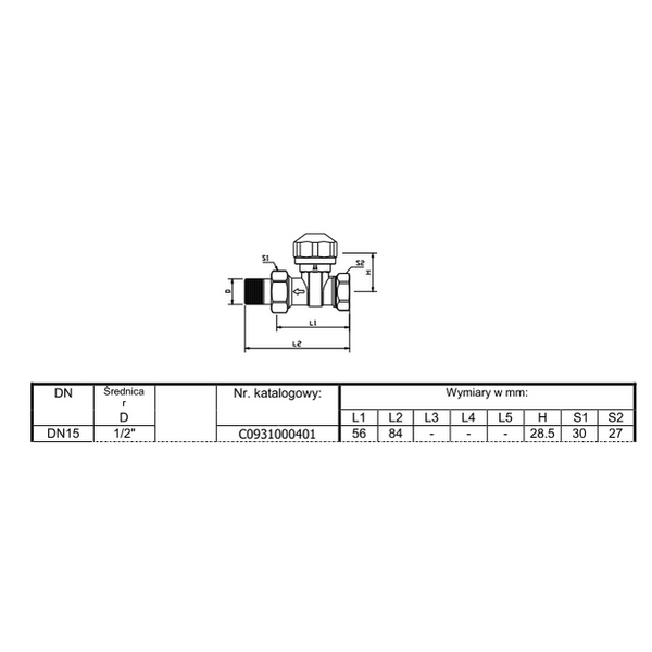 Basic Zawór termostatyczny prosty 1/2" mosiężny - C093100701