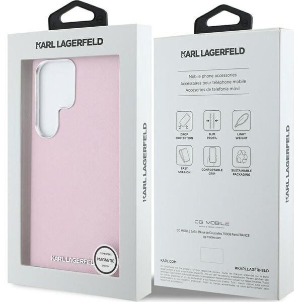 Etui Karl Lagerfeld Saffiano Full         Wrapped Elongated Metal Logo MagSafe do Samsung Galaxy S25 Ultra różowy