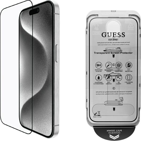 Zestaw 2w1 Guess BP Rhinestone szkło na   ekran i obiektyw aparatu do iPhone 16 Pro Max srebrny