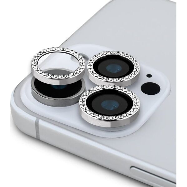 Zestaw 2w1 Guess BP Rhinestone szkło na   ekran i obiektyw aparatu do iPhone 16 Pro Max srebrny