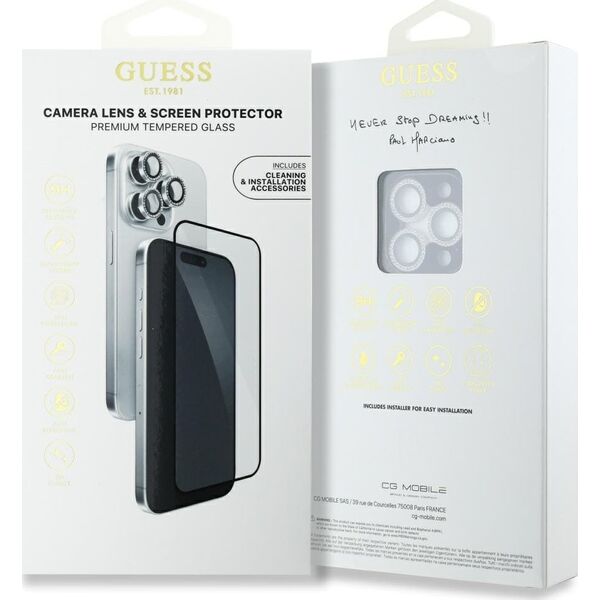 Zestaw 2w1 Guess BP Rhinestone szkło na   ekran i obiektyw aparatu do iPhone 16 Pro Max srebrny