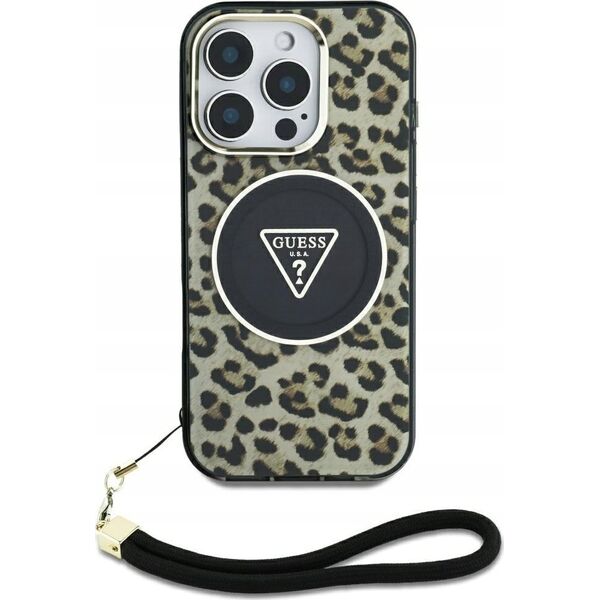 Guess HC IML Leopard Triangle Cord Strap Case for iPhone 16 MagSafe Brown