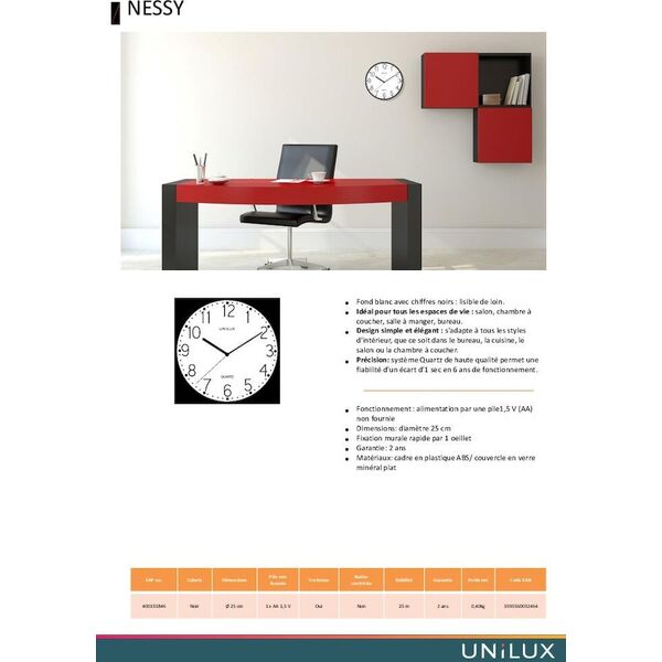 Unilux Zegar Unilux Nessy 25cm czarny -