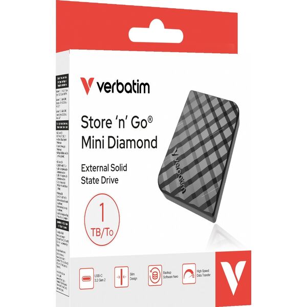 Zewn�trzny dysk SSD zewn�trzny Verbatim Store ,n ,Go Mini Diamond, 32025, 1000GB, czarna, 1000 MB/s MB/s-R, USB C, 1000 MB/s MB/s-