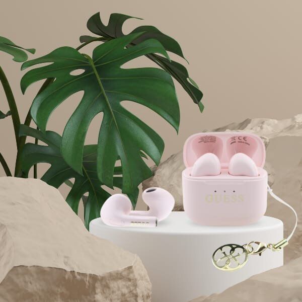 TWS Guess Glossy Effect Printed Classic Logo & Charm Pink Headphones