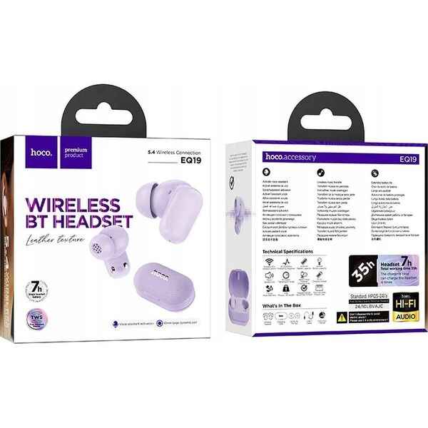 HOCO słuchawki bezprzewodowe bluetooth TWS EQ19 fioletowe