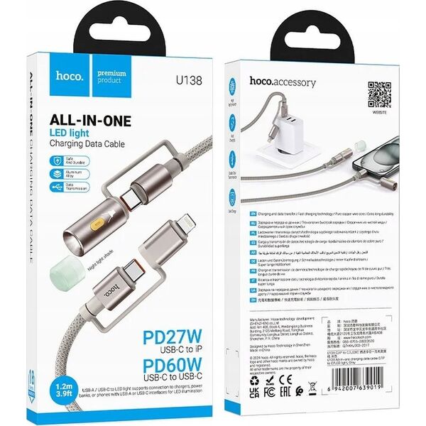 HOCO kabel All-in-one Typ C / Lightning do Typ C / LED Light PD 3A 60W U138 1,2 m szary