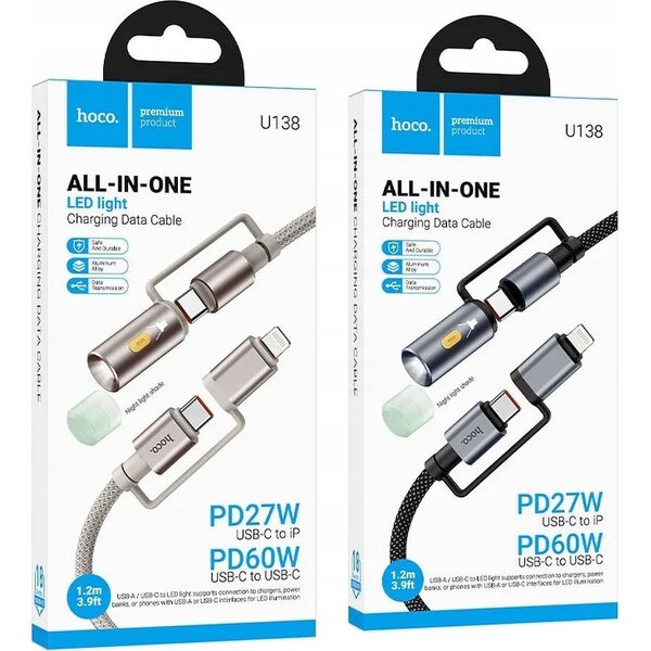 HOCO kabel All-in-one Typ C / Lightning do Typ C / LED Light PD 3A 60W U138 1,2 m szary