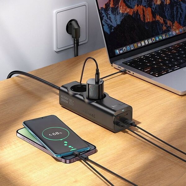 HOCO listwa zasilająca 2 gniazda + USB A + 3 x Typ C PD QC3.0 3A 67W NS10 2 m czarna