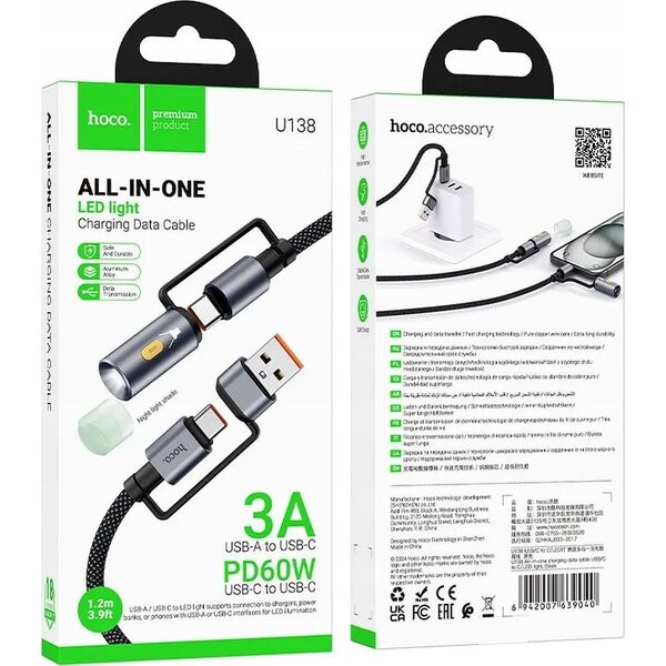 HOCO kabel All-in-one USB A / Typ C do Typ C / LED Light 3A 60W U138 1,2 m czarny