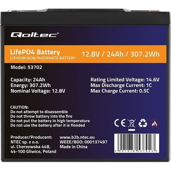 Qoltec Akumulator LiFePO4 Litowo-Żelazowo-Fosforanowy | 12.8V | 24Ah | 307.2Wh | BMS