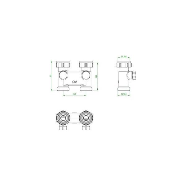 Oventrop tap block diverter piece, straight shape for swapped flow and return
