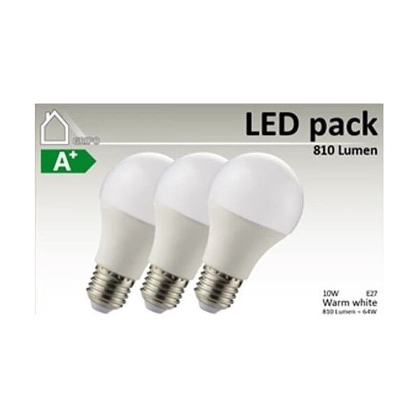 GRIPO GRIPO LED pære A60 E27 10W CRI80 3stk 3000K 810Lm >270gr. 60x120 2835SMD 18stk