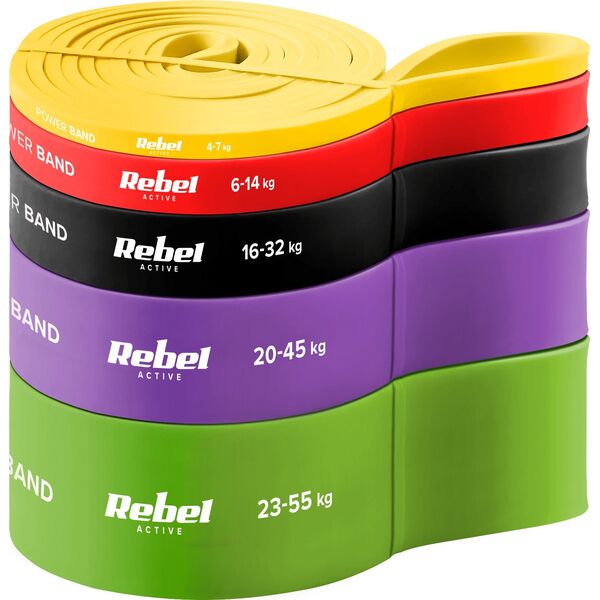 Rebel Zestaw gum do ćwiczeń TPE - Power Band PTs-1, 4-55 kg, 5 gum TPE, REBEL ACTIVE