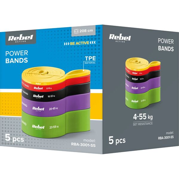 Rebel Zestaw gum do ćwiczeń TPE - Power Band PTs-1, 4-55 kg, 5 gum TPE, REBEL ACTIVE