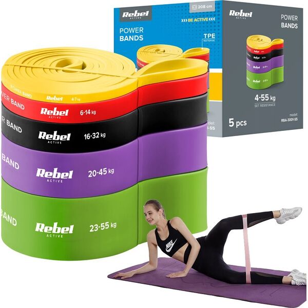 Rebel Zestaw gum do ćwiczeń TPE - Power Band PTs-1, 4-55 kg, 5 gum TPE, REBEL ACTIVE