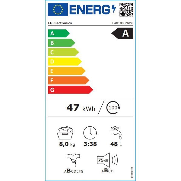 LG Washing Machine | F4X1008NWK | Energy efficiency class A | Front loading | Washing capacity 8 kg | 1350 RPM | Depth 56 cm | Width 60 cm | LED | Steam function | Direct drive | Wi-Fi | White one size