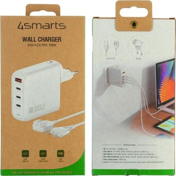 Φορτιστής 4smarts 4smarts Ladegerät GaN Flex Pro 100W 3 USB-C+1 USB-A, λευκό 13358999 4252011903870