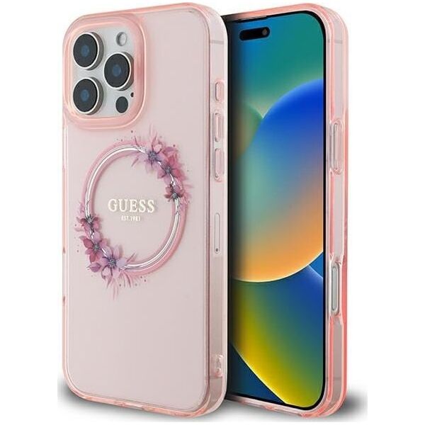 Guess Guess GUHMP16XHFWFCP iPhone 16 Pro Max 6.9" różowy/pink hardcase IML Flowers Wreath MagSafe