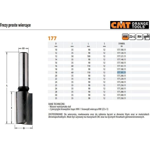 CMT CMT FREZ PROSTY WIERCĄCY HM D=18 I=60 L=110 S=12