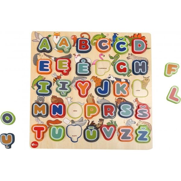 bo. Educational wooden puzzle "Alphabet and animals" (In Lithuanian lang.)