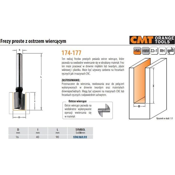 CMT CMT FREZ PROSTY WIERCĄCY HM D=16 I=40 L=90 S=8 CMT174.161.11 - 174.161.11