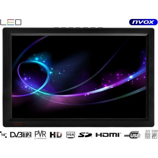 Odtwarzacz przenośny Nvox Telewizor LED 14cali HDMI VGA USB SD AV PVR DVB-T/T2 MPEG-4/2 12V 230V (NVOX DVB14T)